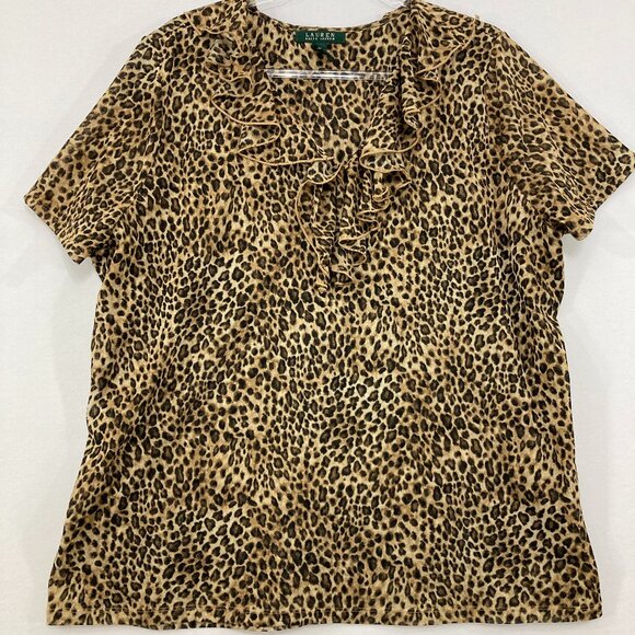 Lauren Ralph Lauren size 3X Leopard Print Ruffle Mesh Stretch Short Sleeve Top - Picture 1 of 10